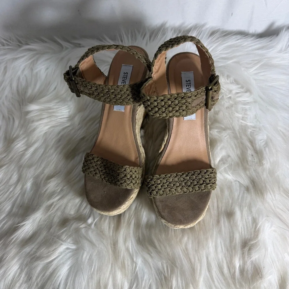 Steve Madden Brussel Olive Green Braided Espadrille Wedge Sandals Womens 8M‎